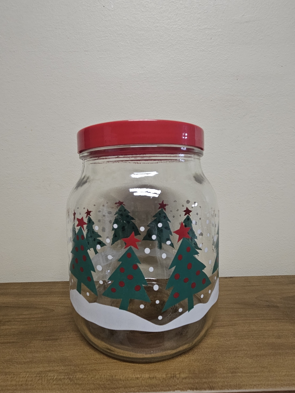 Vintage Christmas Tree Glass Candy Cookie Jar with Red Lid